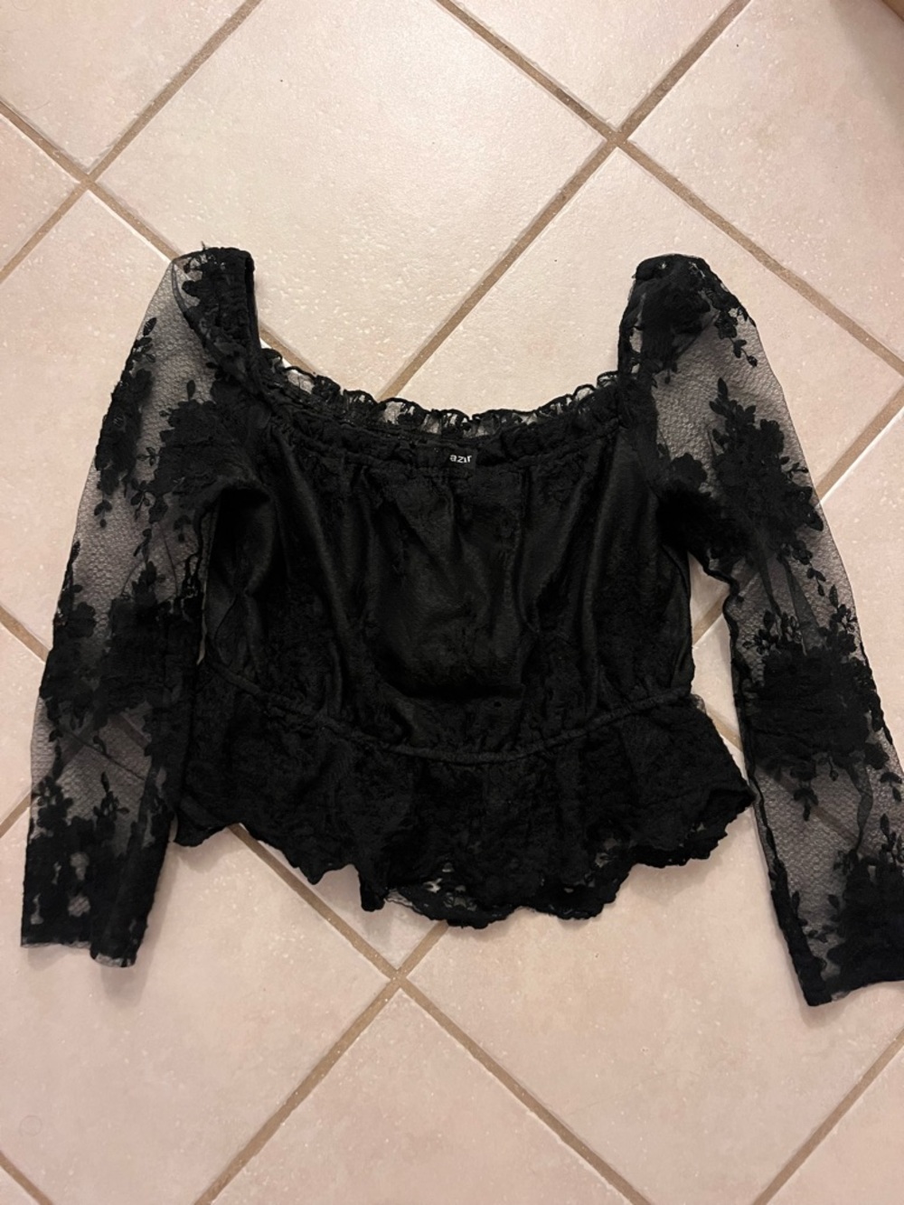 Black Lace Peplum Blouse with Sheer Floral Sleeves